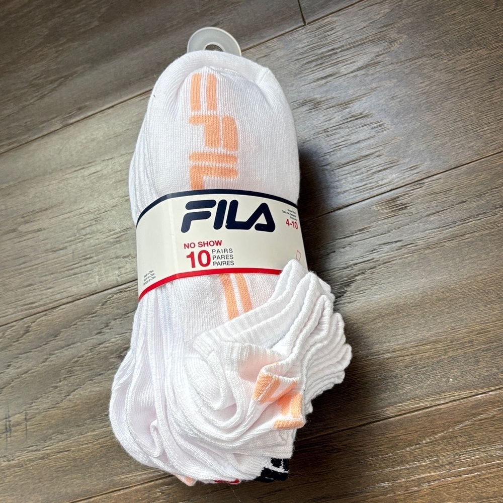 FILA 10 pack no-show ankle socks, 97% polyester, 3% spandex, logo sole & back